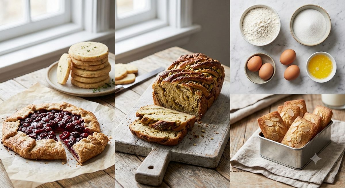 Shortbread, fruit galette, pistachio babka and biscotti