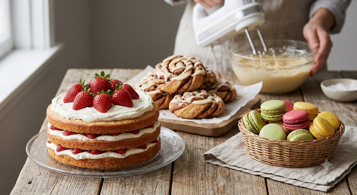 Layer cake, cinnamon buns and macarons